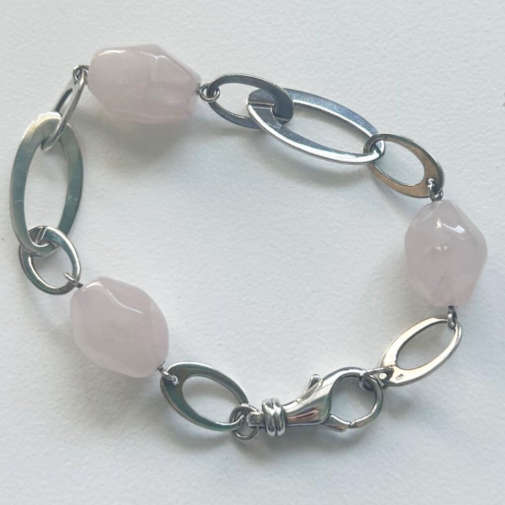 Large Rose Quartz stones and Sterling Silver oval link bracelet